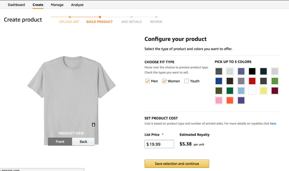 Amazon t-shirts business build product tab