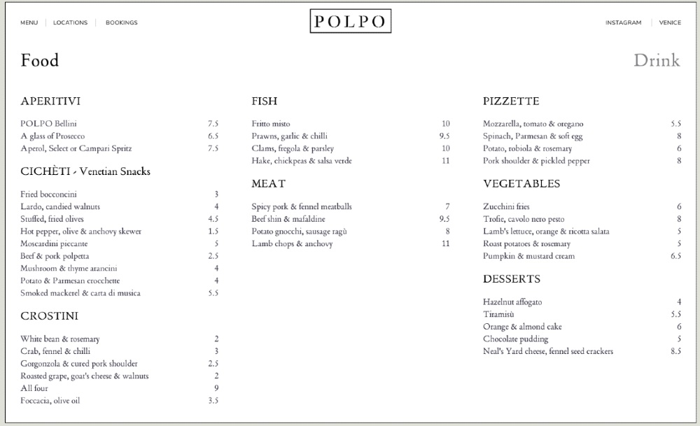 restaurant menu example