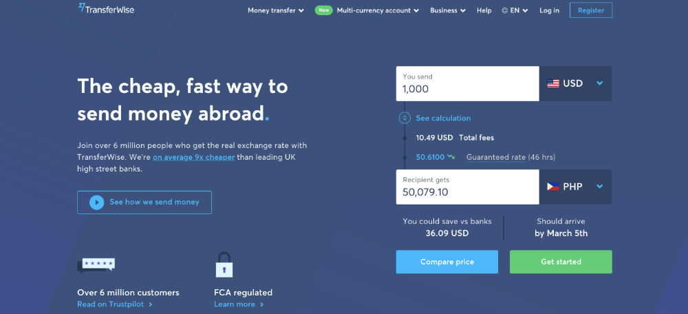 transferwise web page design